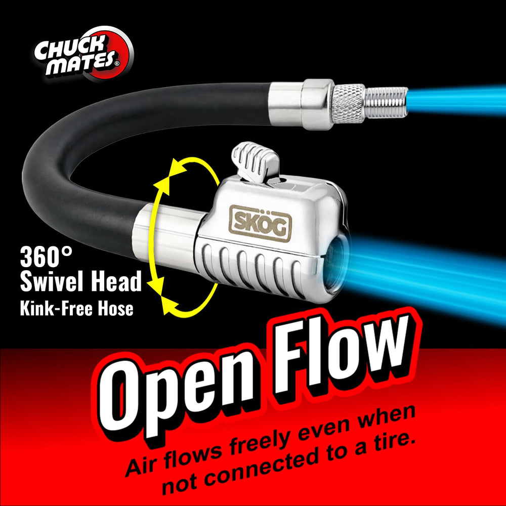 SKÖG in-use on car tire valve with chuck attached, faster inflation benefit