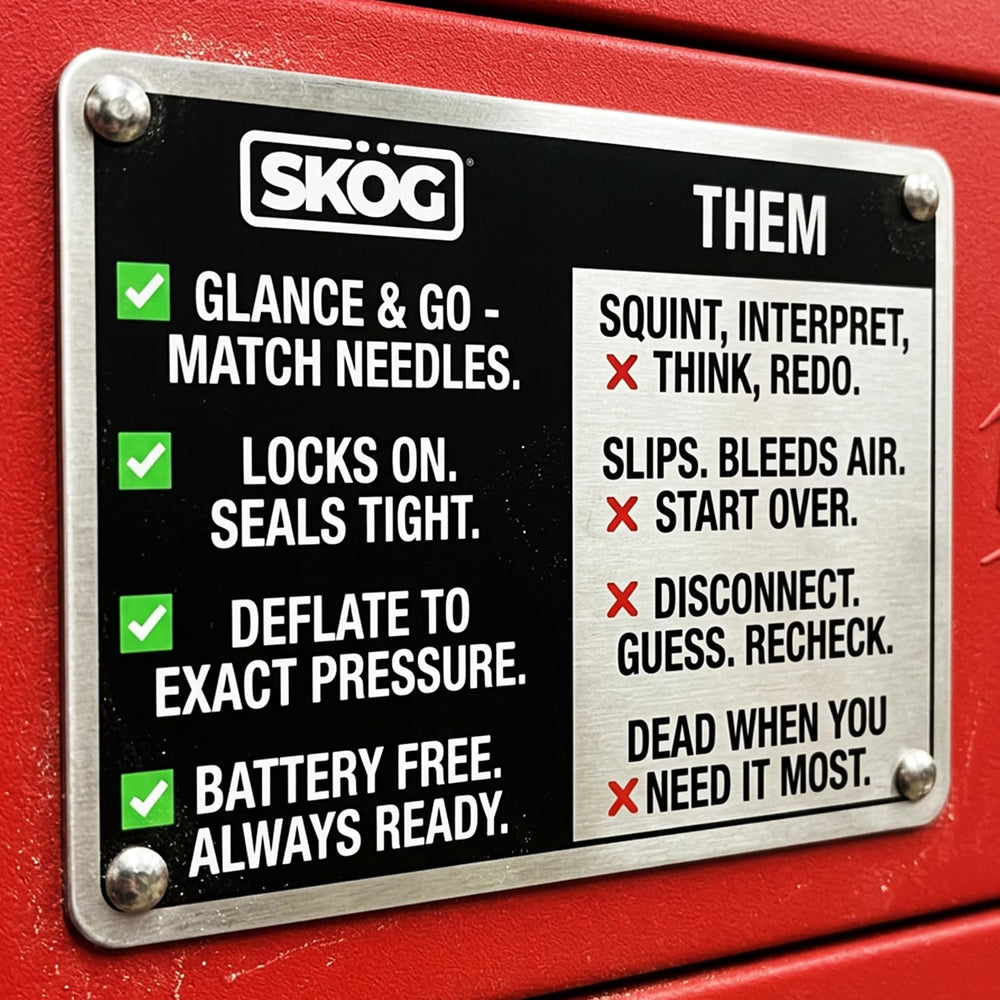 SKÖG gauge attached to car tire valve demonstrating single-person inflation control