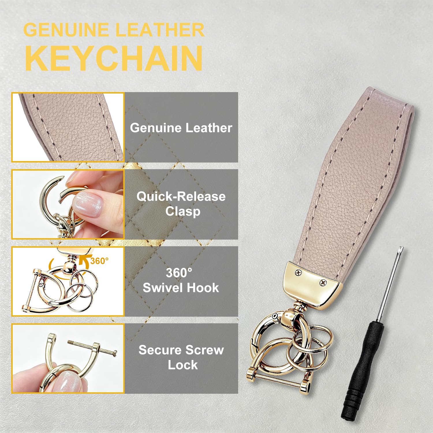 SKTLACKFB key fob attached to leather keychain with gold clasp for secure carry