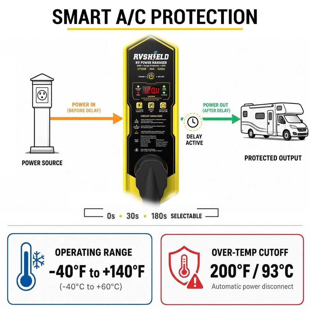 SKYFISH RVShield in campsite setting protecting appliances and giving peace of mind