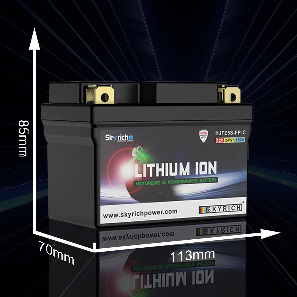 Skyrich battery terminal and label close-up showing model info and secure connection