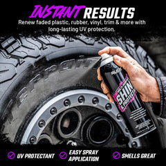 Slick Products before-and-after vehicle trim showing restored gloss and renewed color