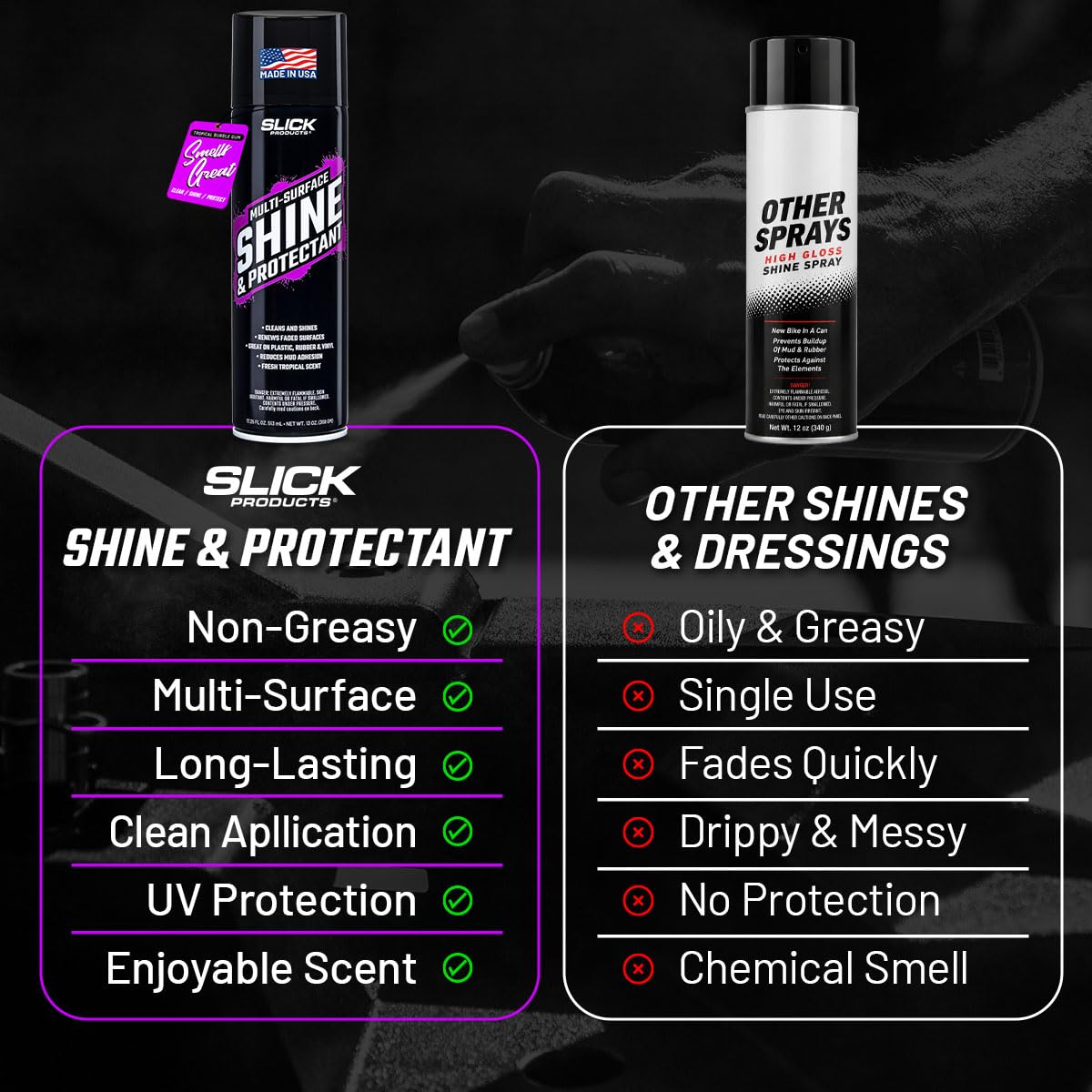 Slick Products used on exterior bumper in sunlight showing weather-resistant gloss