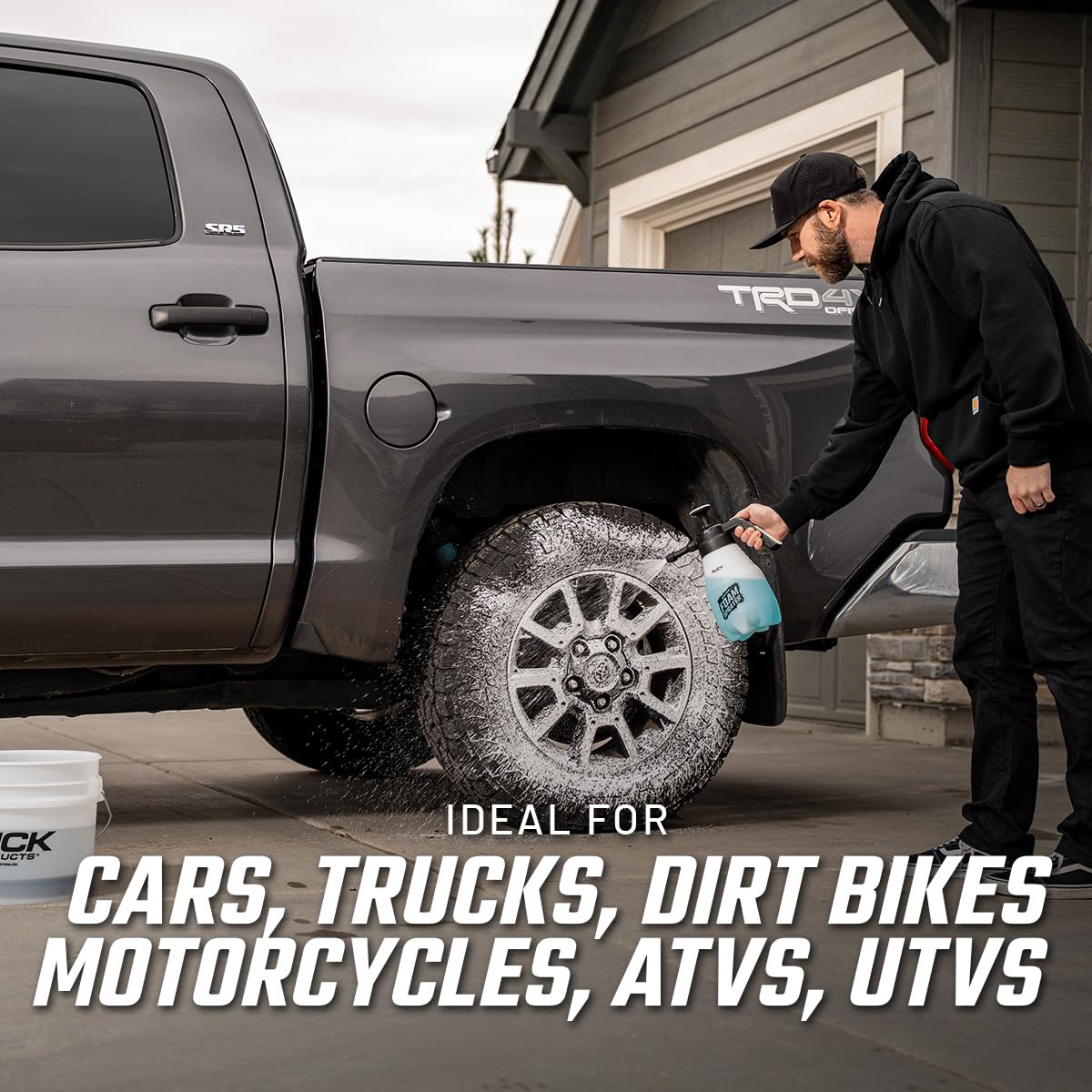 Slick Products used outdoors on truck showing portable cleaning convenience