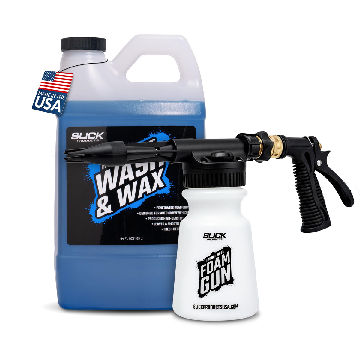 Slick Products front packaging 64oz showing bottle and included foam gun for full kit benefit
