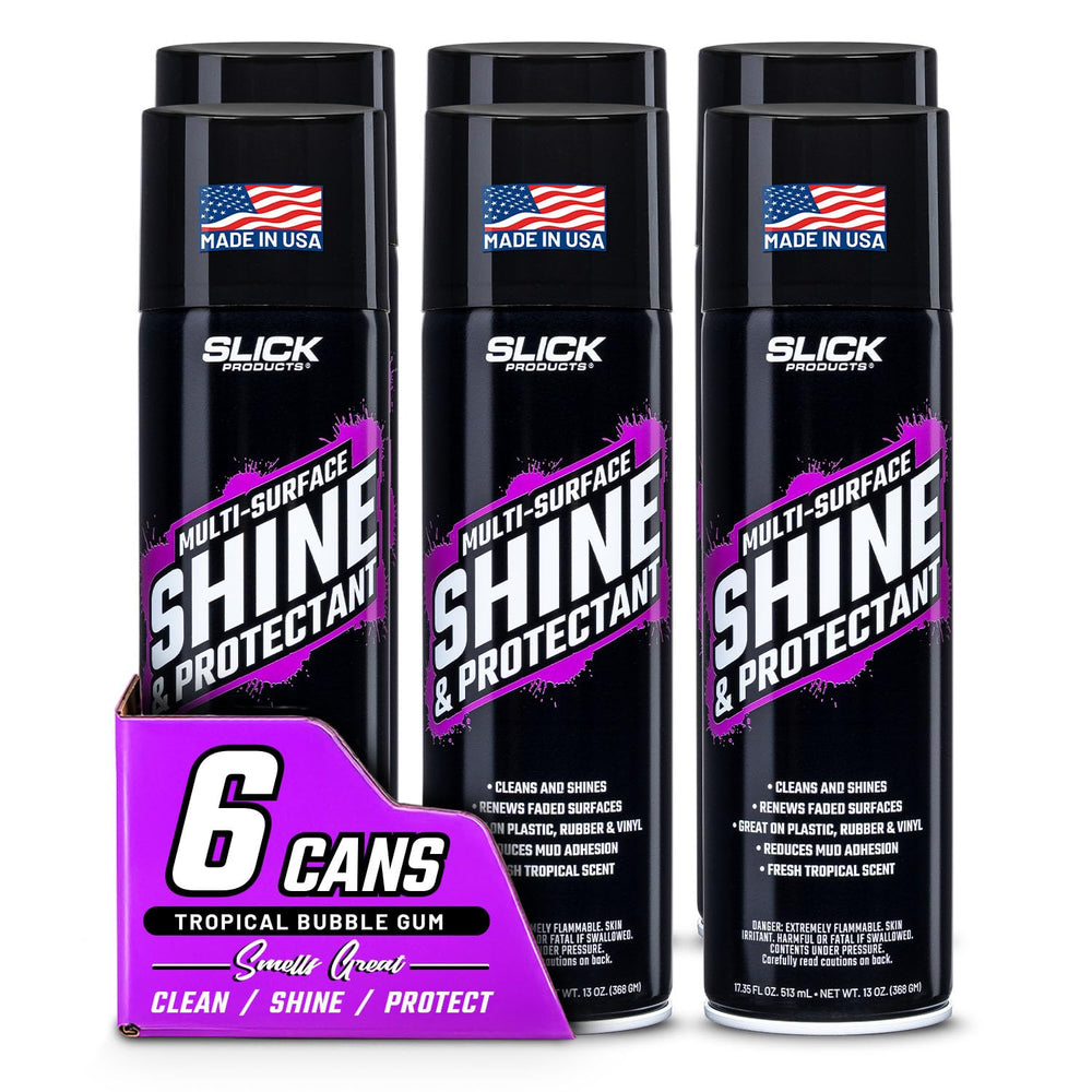 Slick Products front packaging showing six high-gloss cans and immediate shine benefit