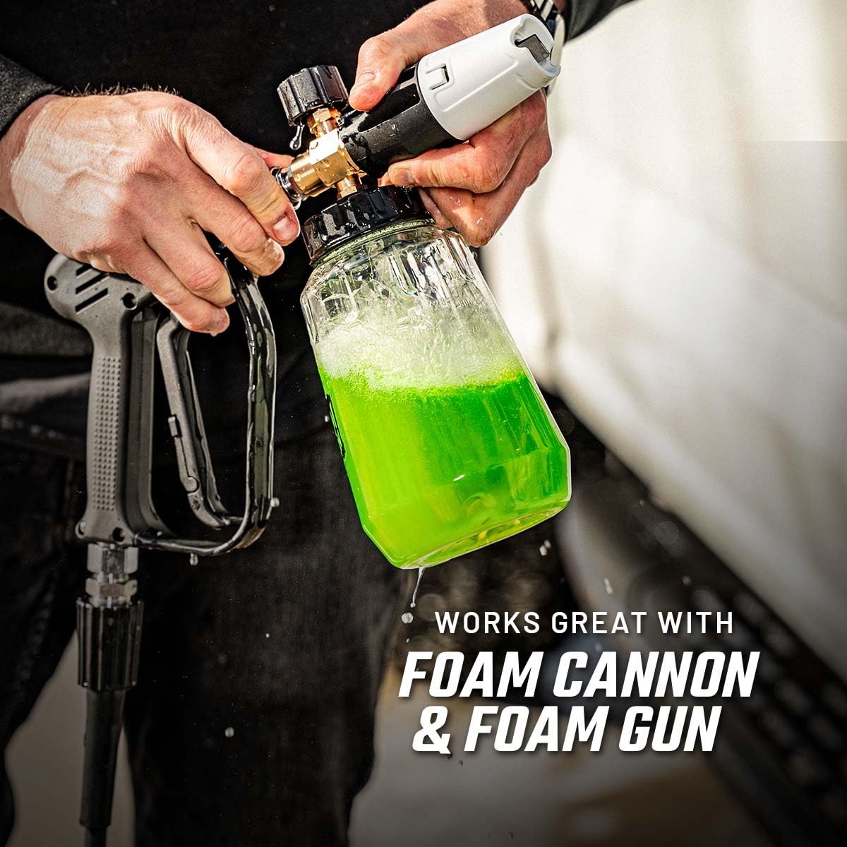 Slick Products pouring concentrate into foam gun for precise dilution