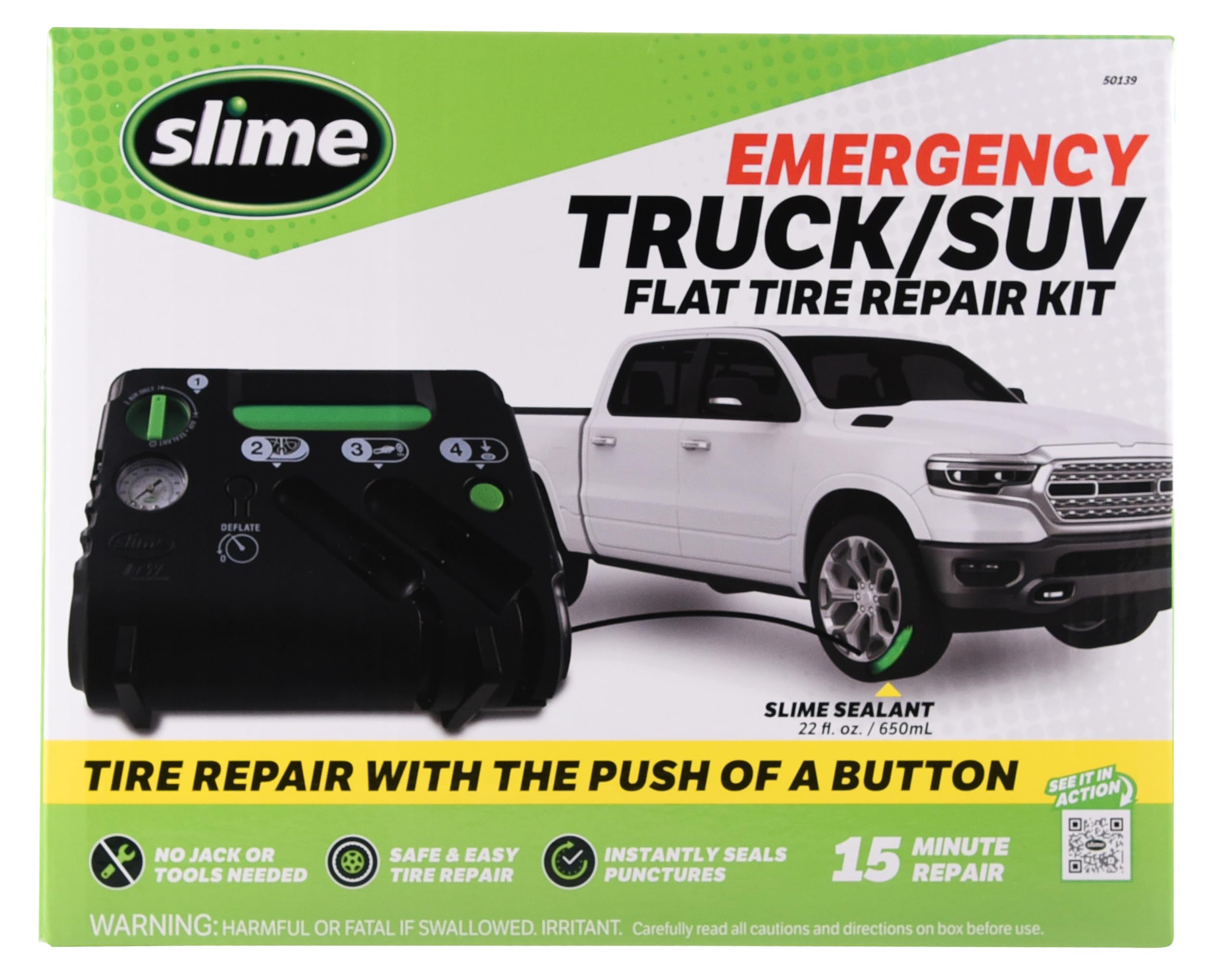 Slime 50139 kit front view showing compact emergency repair components benefiting roadside readiness