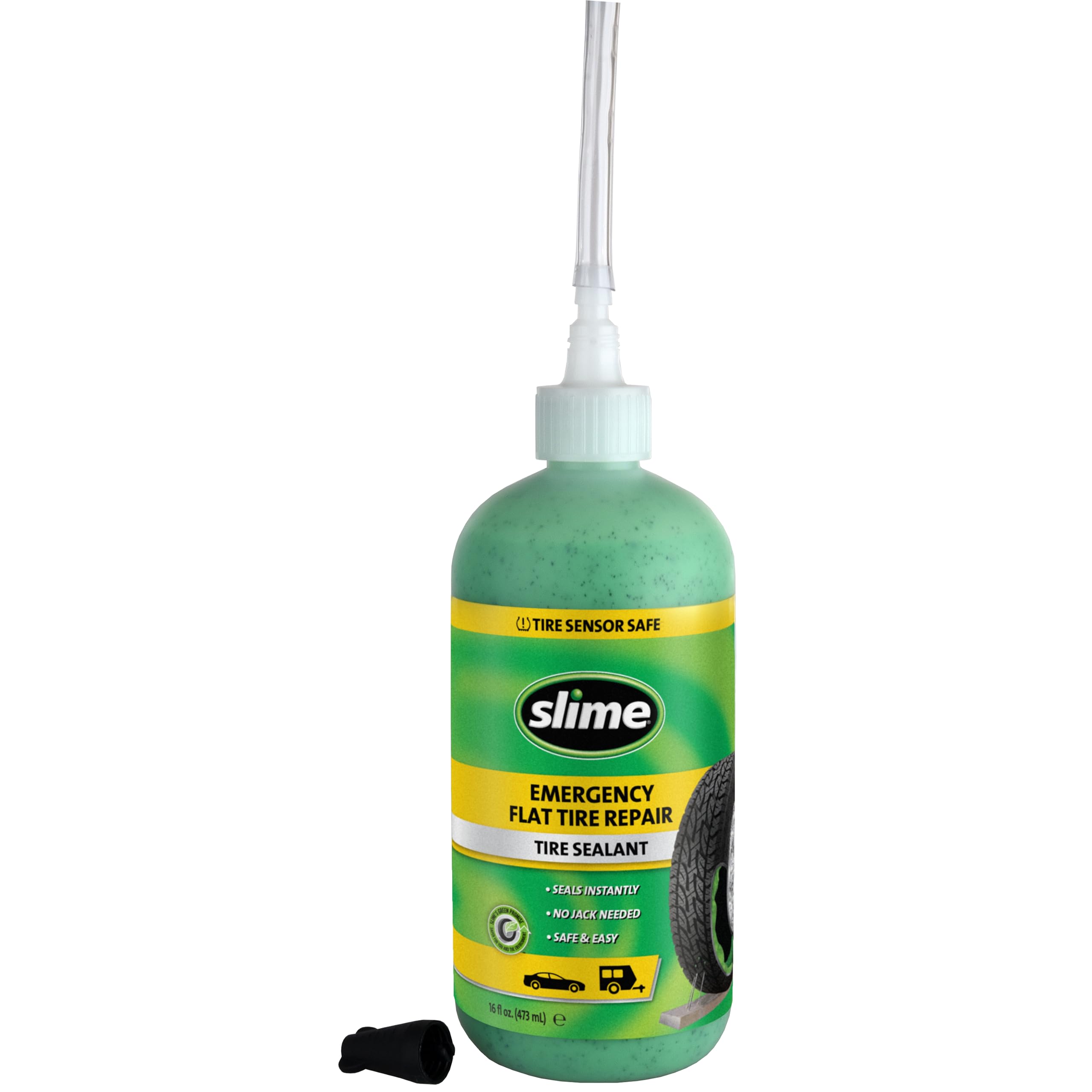 Slime sealant applied to tire valve illustrating temporary puncture repair