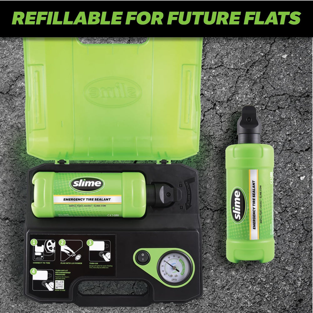 Slime kit in use on a car tire illustrating quick roadside reinflation
