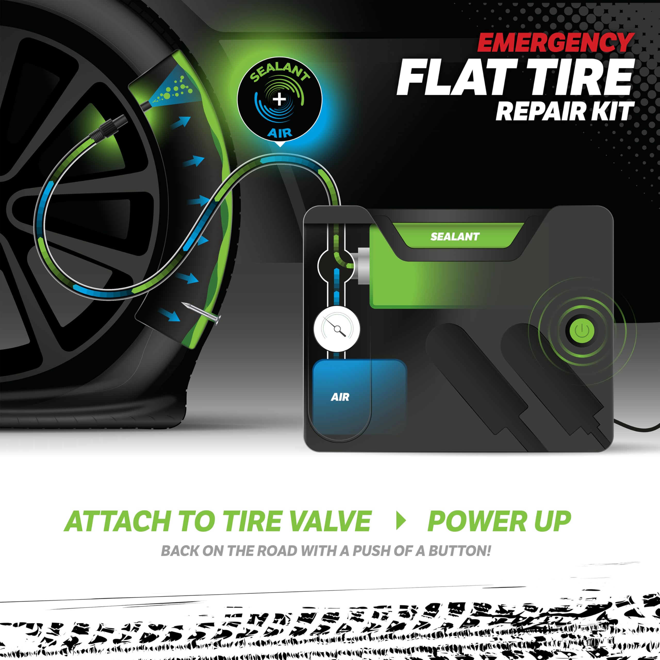 Slime kit in use on a roadside flat tire demonstrating fast temporary repair benefit