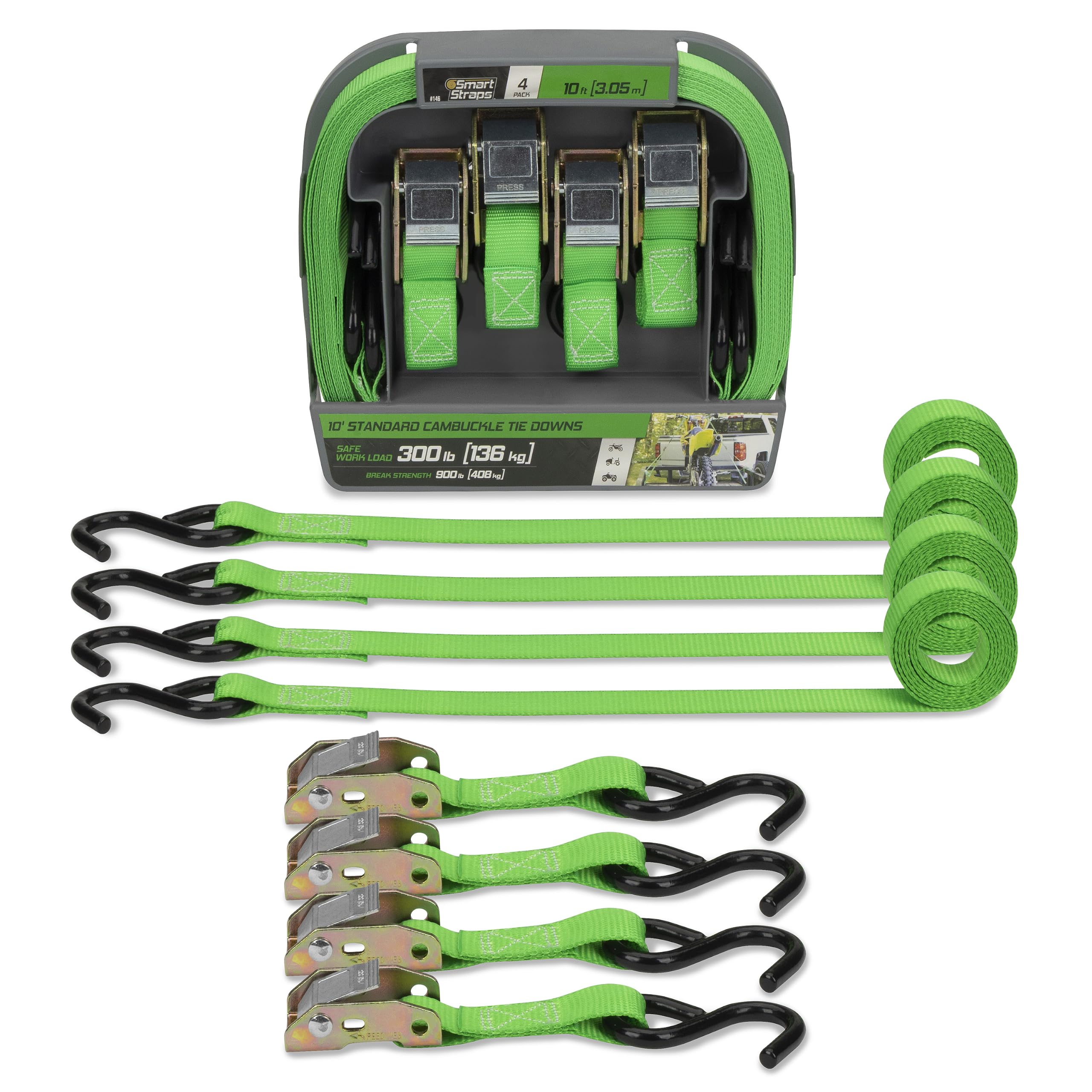SMARTSTRAPS front packaging showing four 10-foot cambuckle straps and benefits