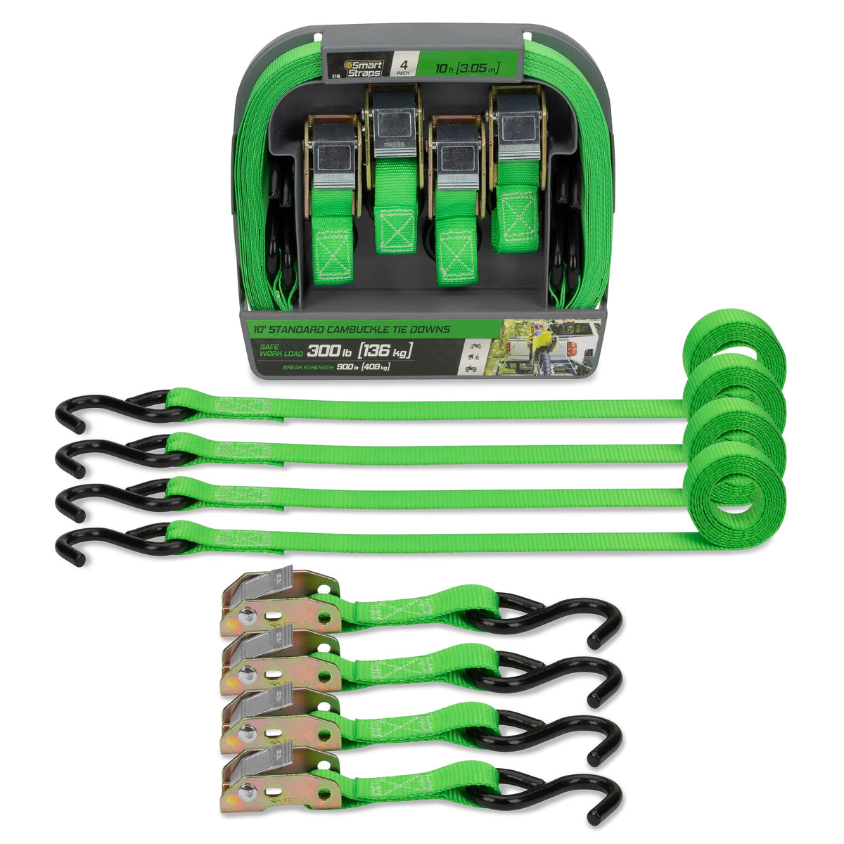 SMARTSTRAPS front packaging showing four 10-foot cambuckle straps and benefits