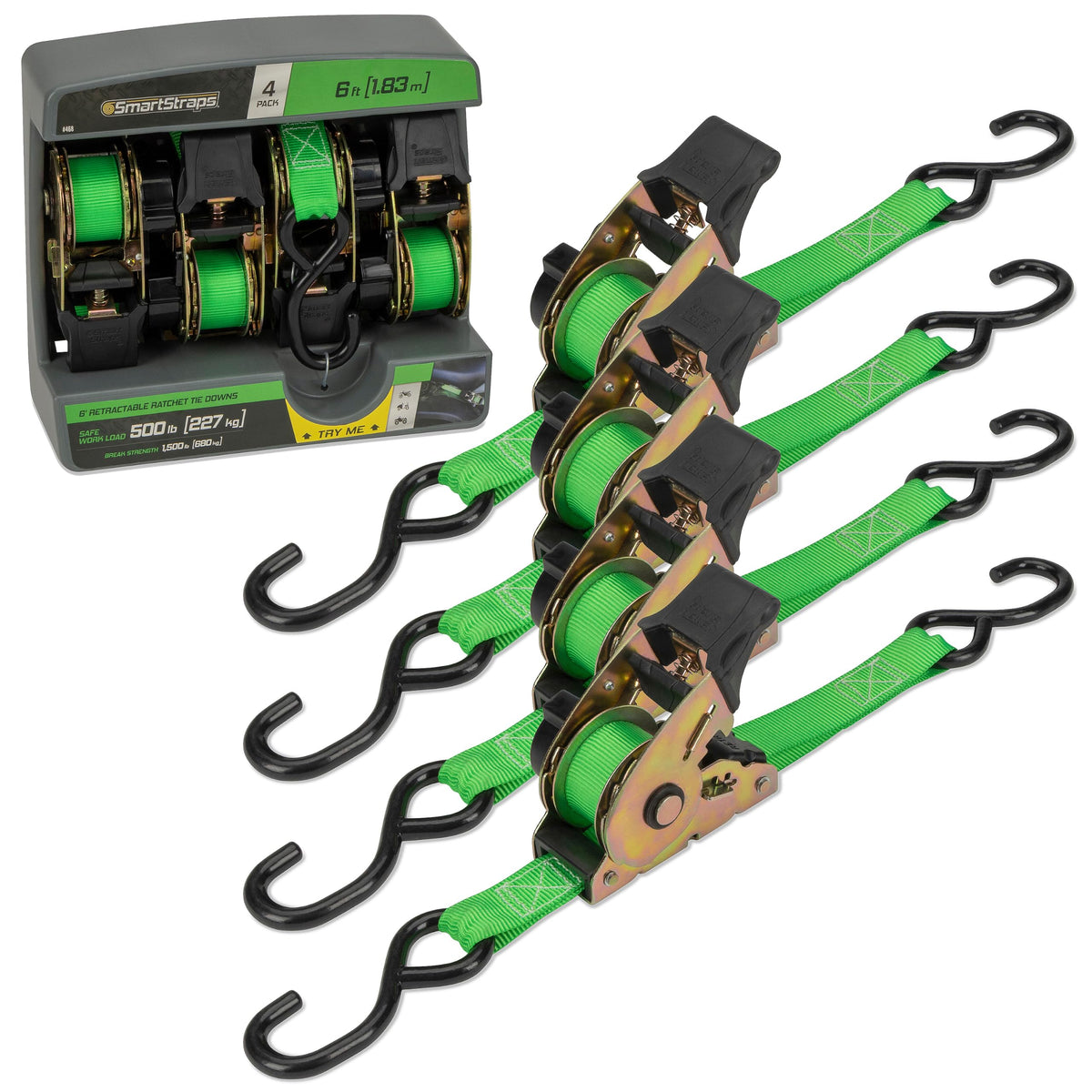 SmartStraps front packaging showing four retractable ratchet straps and benefits