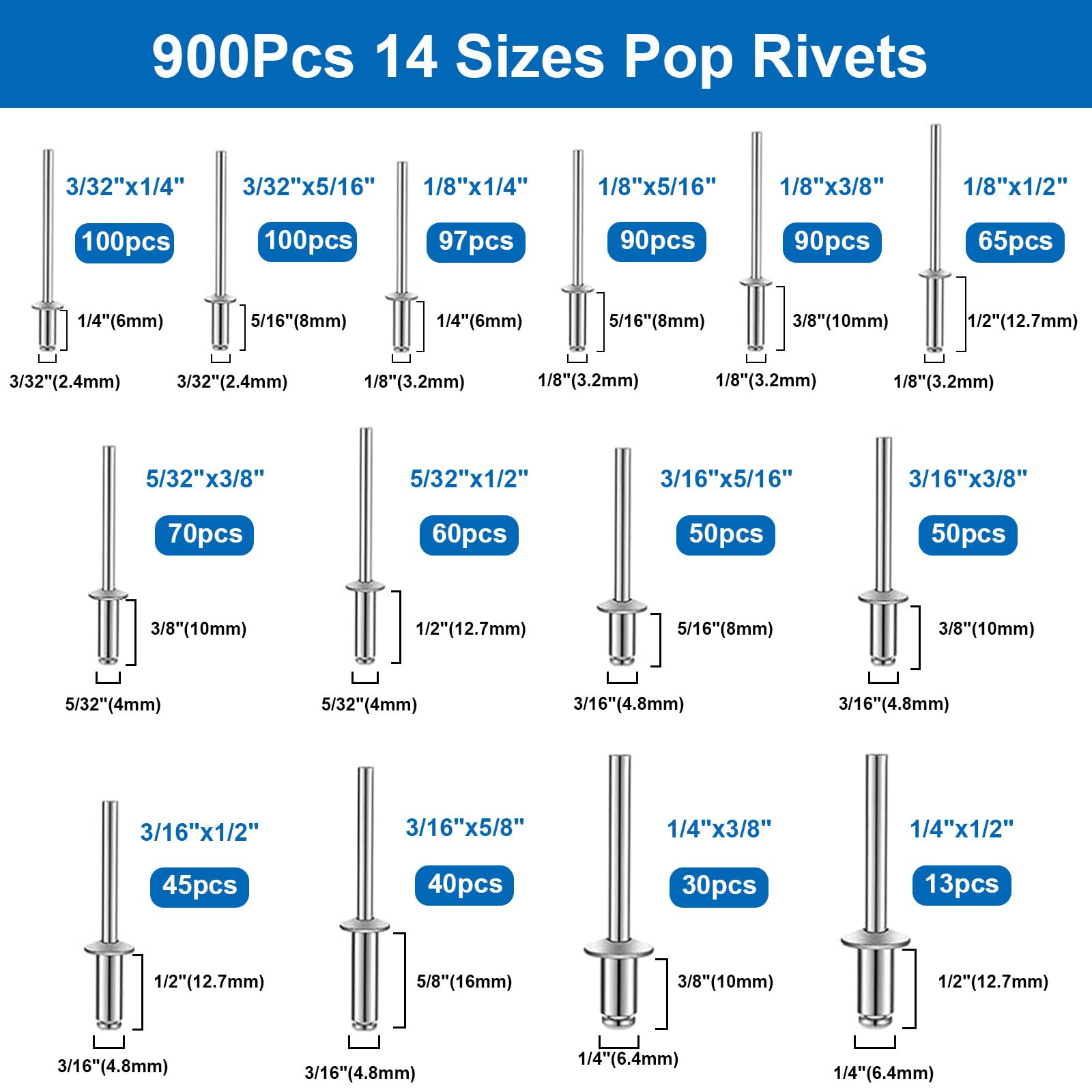 smseace assortment of rivets and 304 washers laid out for quick identification