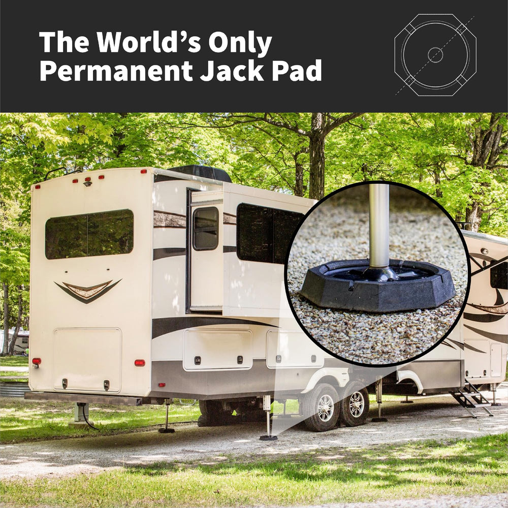 SnapPad at campsite under RV jack illustrating reduced sinking and vibration