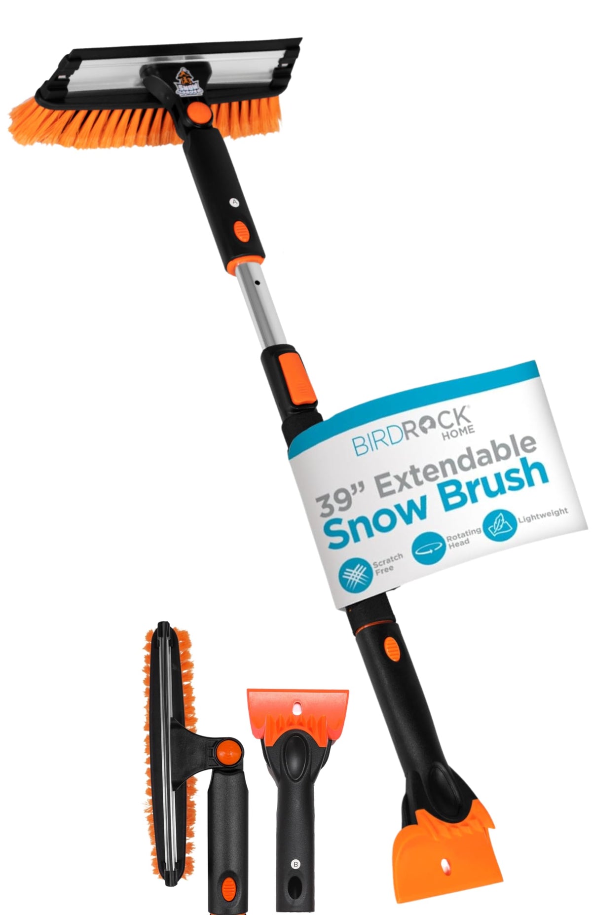 Snow MOOver front view showing full brush and scraper with clean lines for easy storage