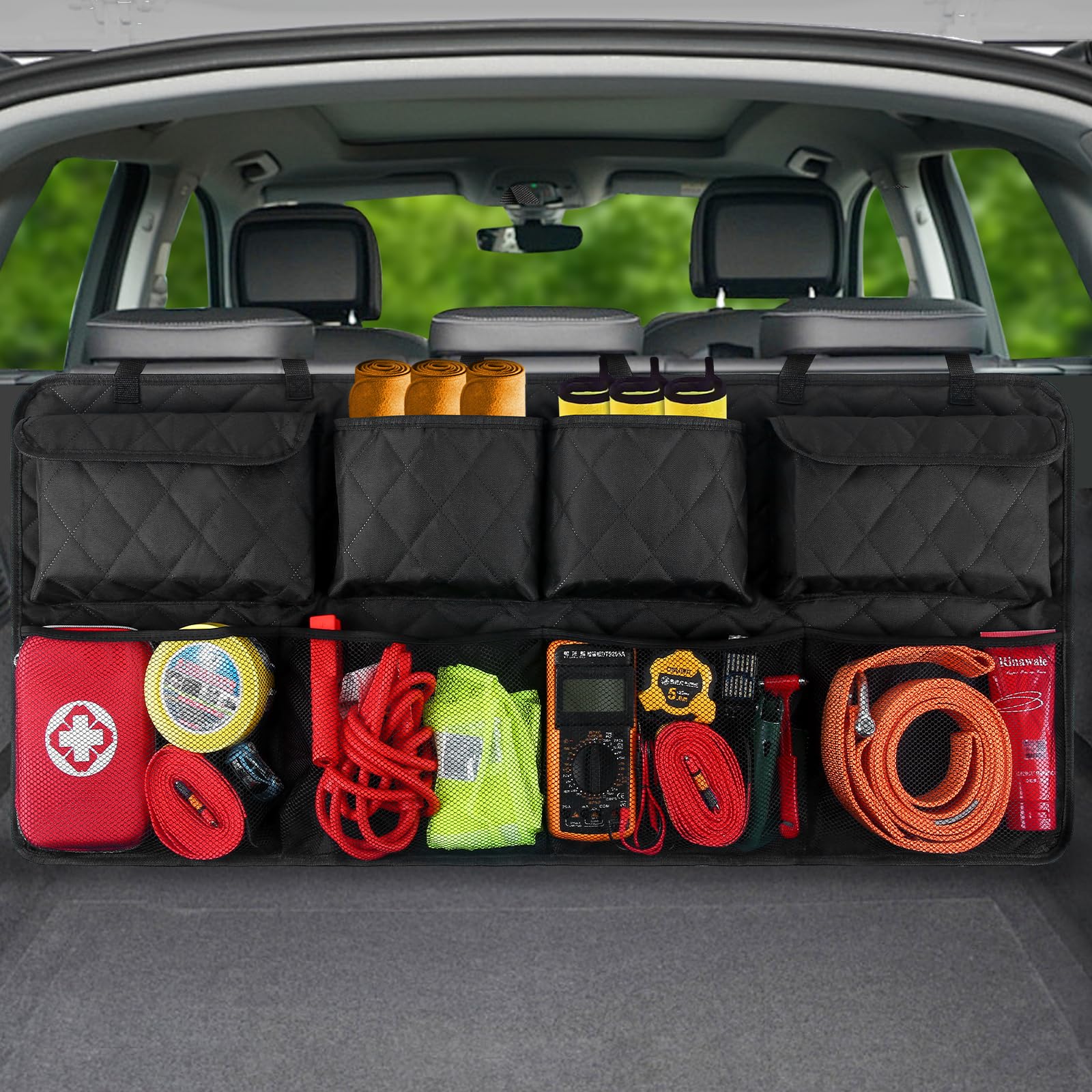 Snuopfy front view showing 8-pocket organizer and durable construction benefit