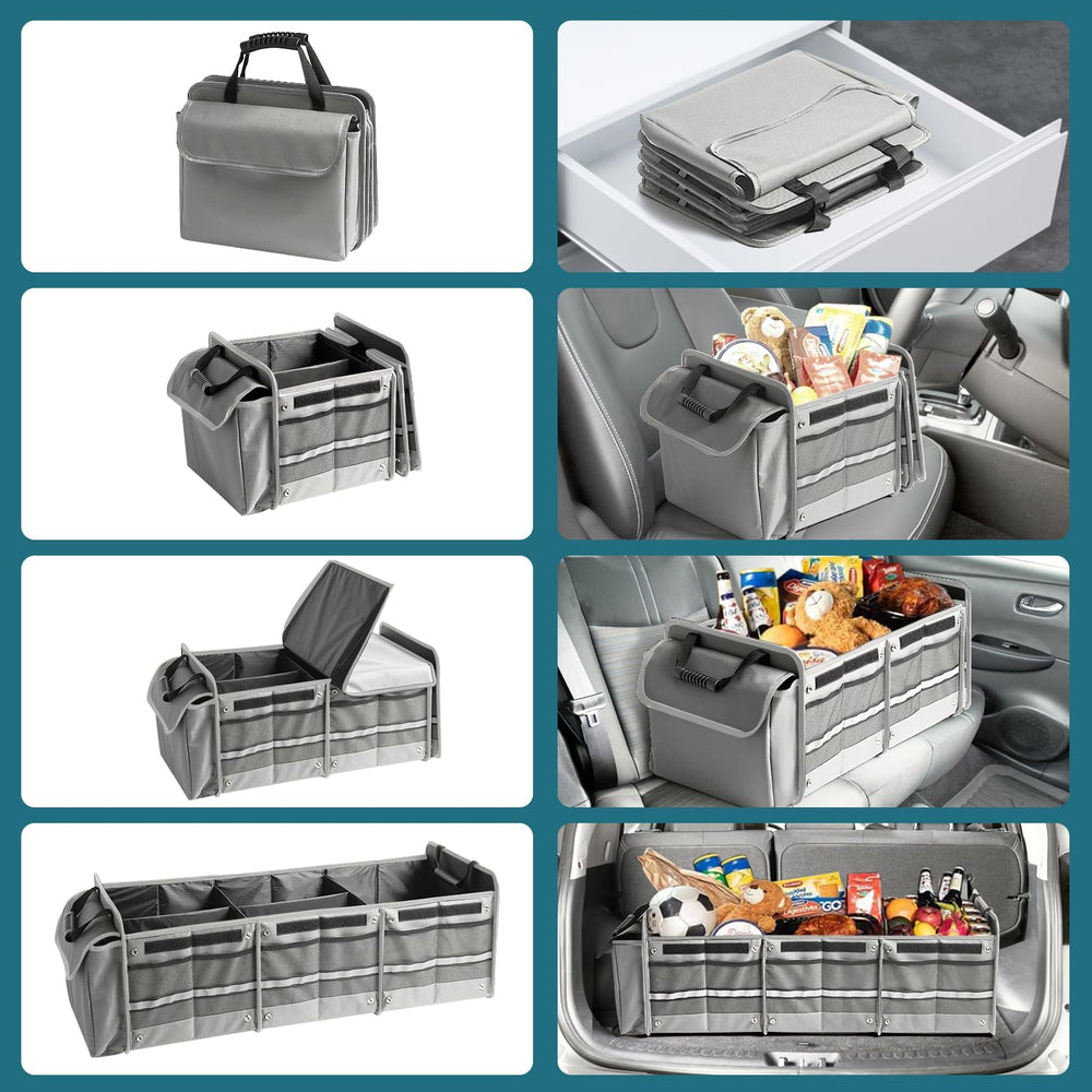 Snuopfy in trunk with groceries demonstrating secure transport and tidy vehicle organization