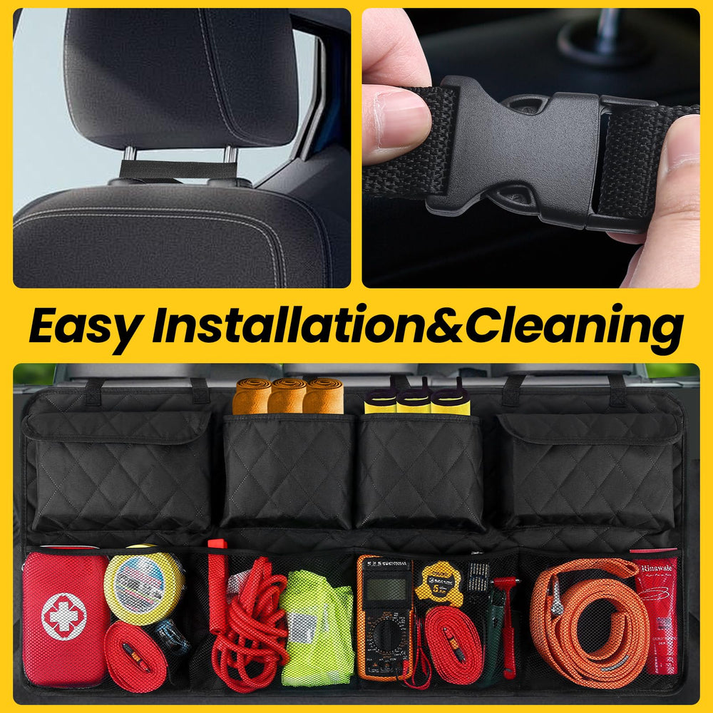 Snuopfy in car during grocery trip showing organized and tidy cargo benefit