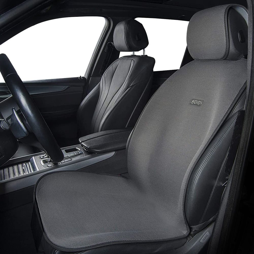 Sojoy full front seat cover on seat showing protection and neat fit