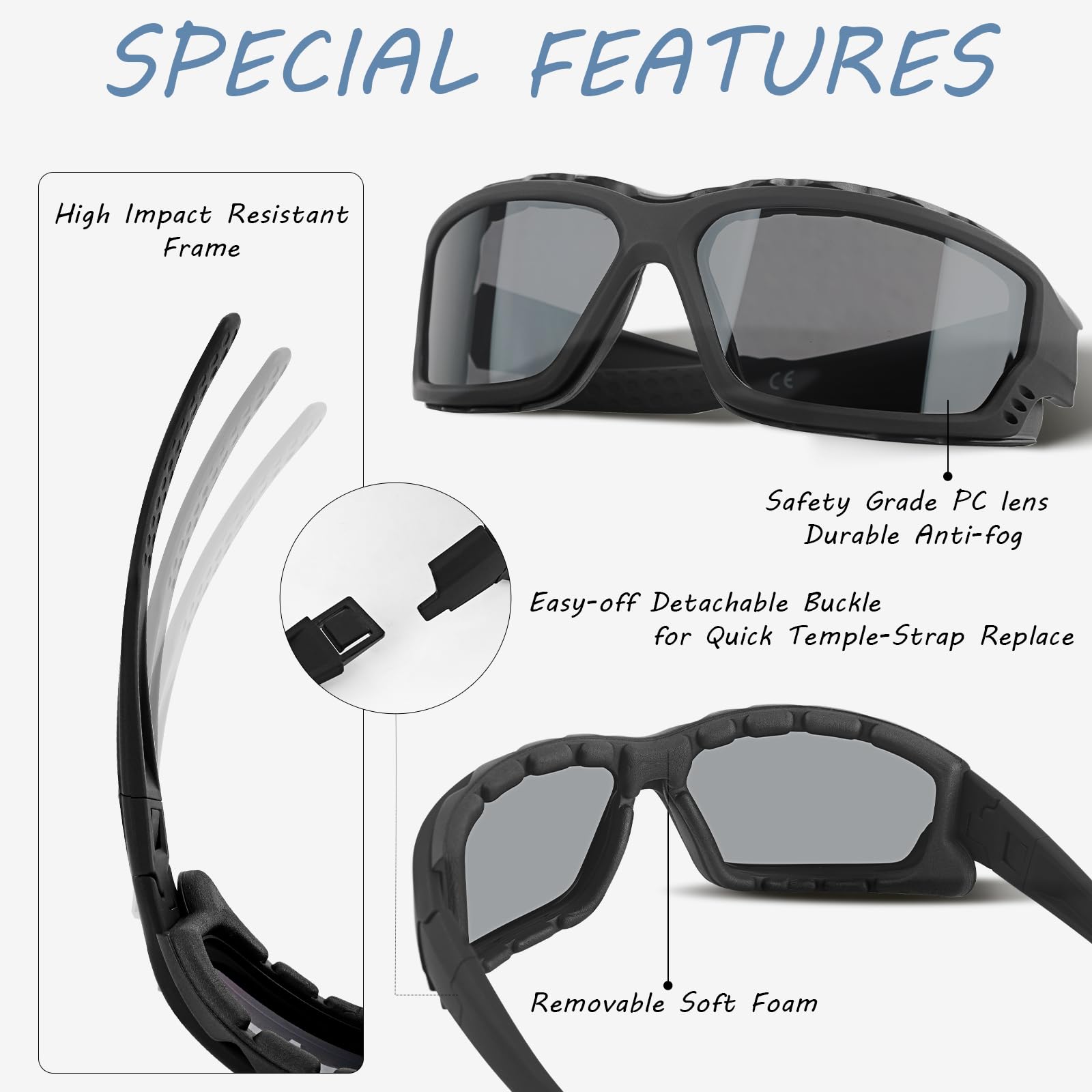 SOL PRO lens detail highlighting anti-fog and scratch resistance benefit