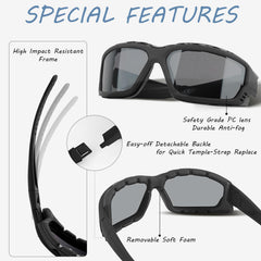 SOL PRO lens detail highlighting anti-fog and scratch resistance benefit