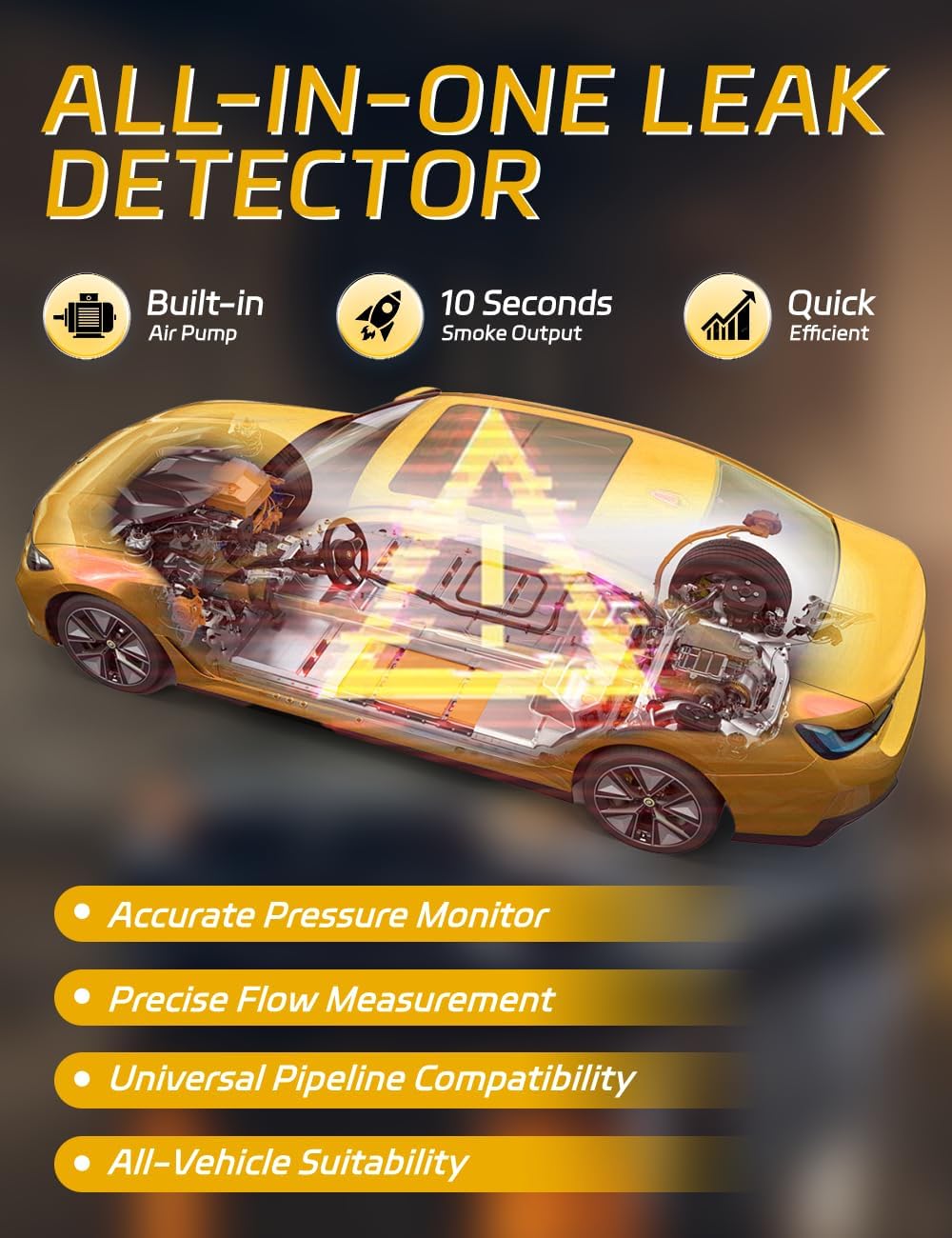 Solary in use under car hood speeding leak detection on EVAP