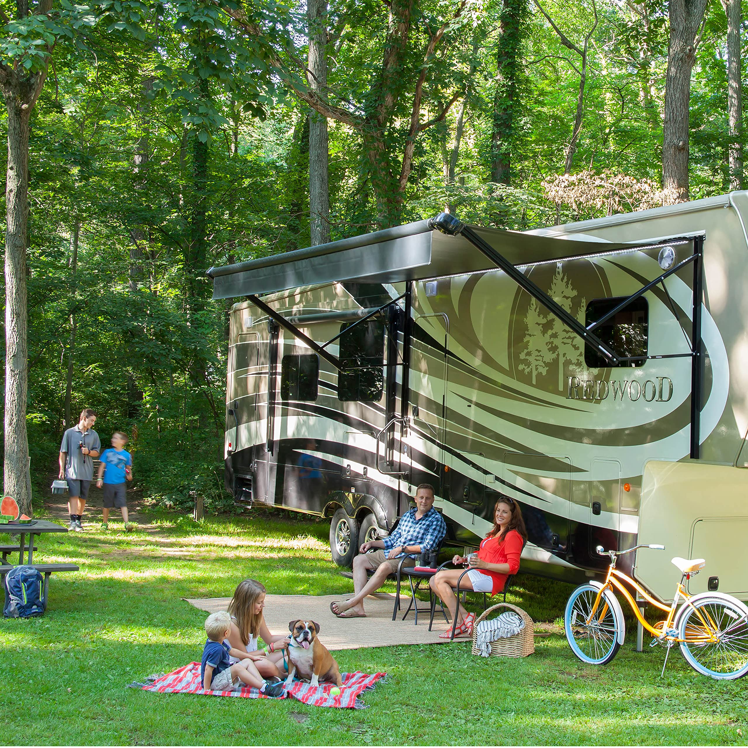 Solera strut on RV awning illustrating improved stability and user confidence