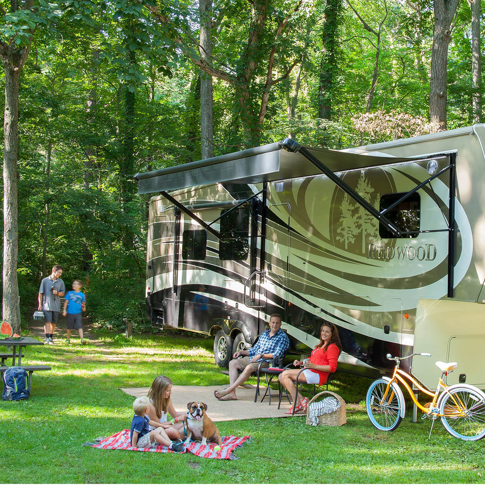 Solera strut on RV awning illustrating improved stability and user confidence