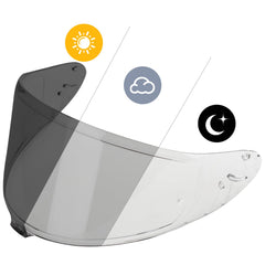 Soman RF-1400 visor front view showing photochromic tint and anti-scratch finish for clearer vision