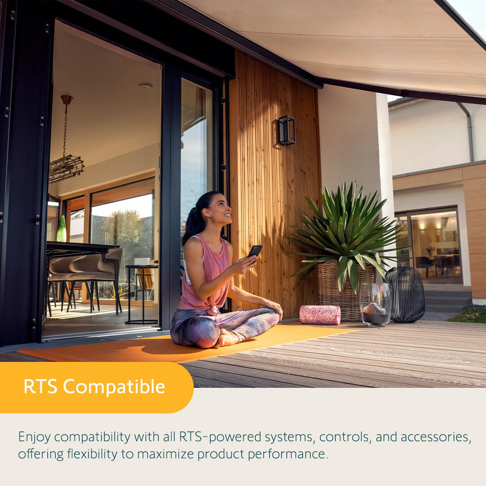Somfy Eolis 3D on a patio awning illustrating peace-of-mind protection benefit