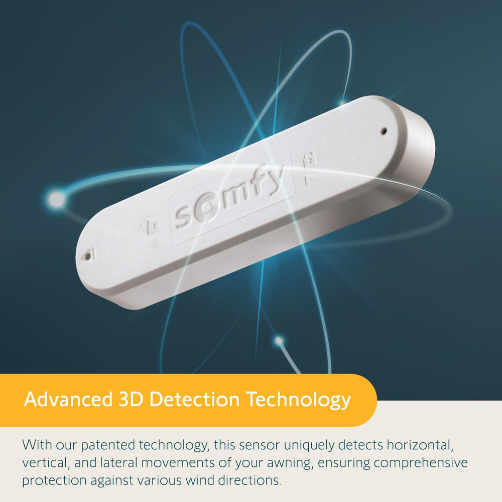 Somfy Eolis 3D mounted on an awning demonstrating automatic wind protection benefit