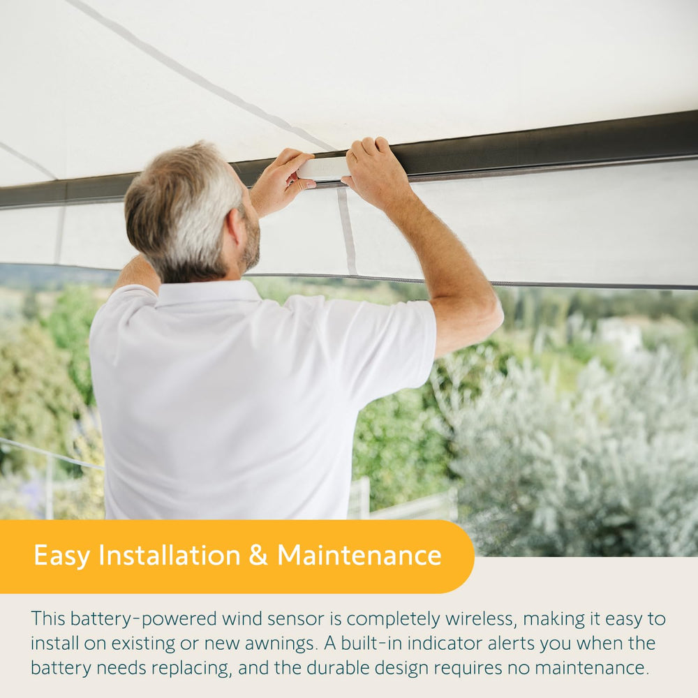 Somfy Eolis 3D beside a hand showing compact size and easy installation benefit