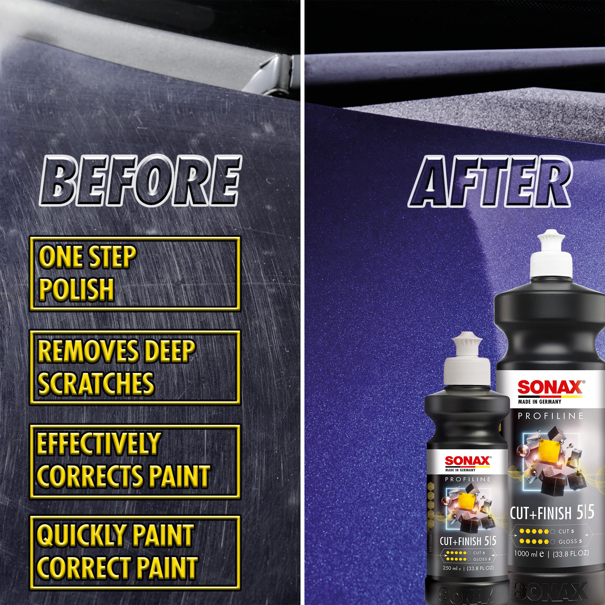 SONAX Cut & Finish applied with a polisher on car panel demonstrating fast defect removal
