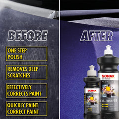 SONAX Cut & Finish applied with a polisher on car panel demonstrating fast defect removal