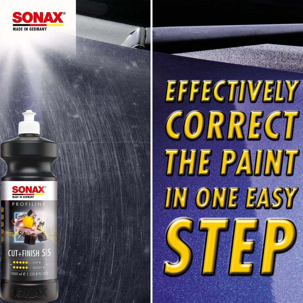 detailed view of SONAX Cut & Finish label highlighting silicone-free and performance features