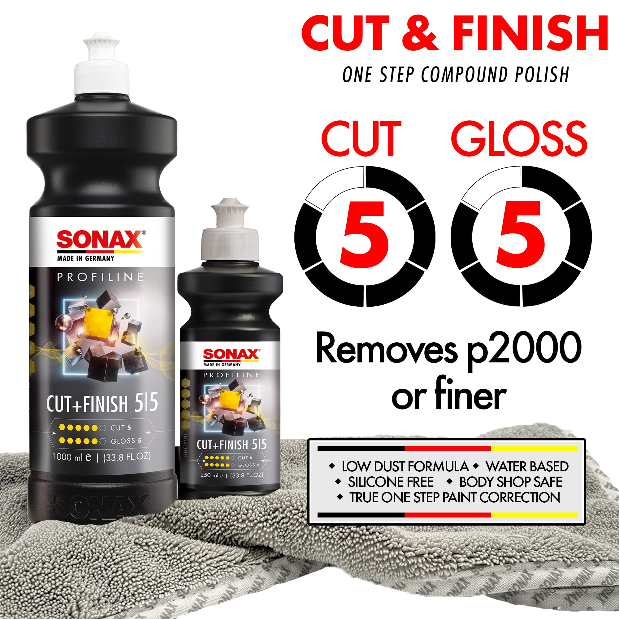 close-up of SONAX Cut & Finish texture pouring to show creamy abrasion for controlled application