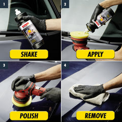 hand holding SONAX Cut & Finish 250ml to show product size and easy handling