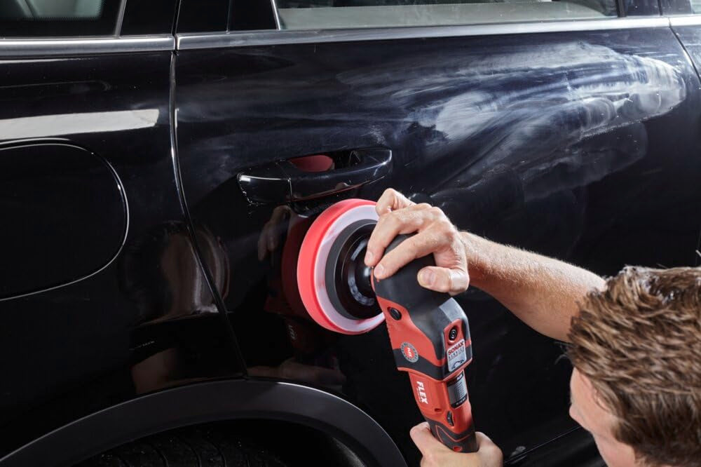 SONAX CutMax applied to polisher showing efficient sanding mark removal