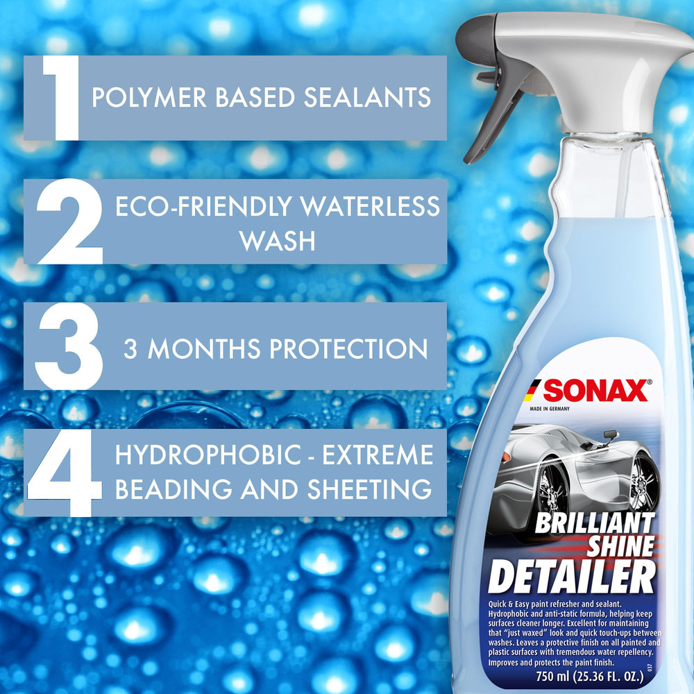 SONAX spray nozzle close-up demonstrating controlled mist for even product coverage and tidy application