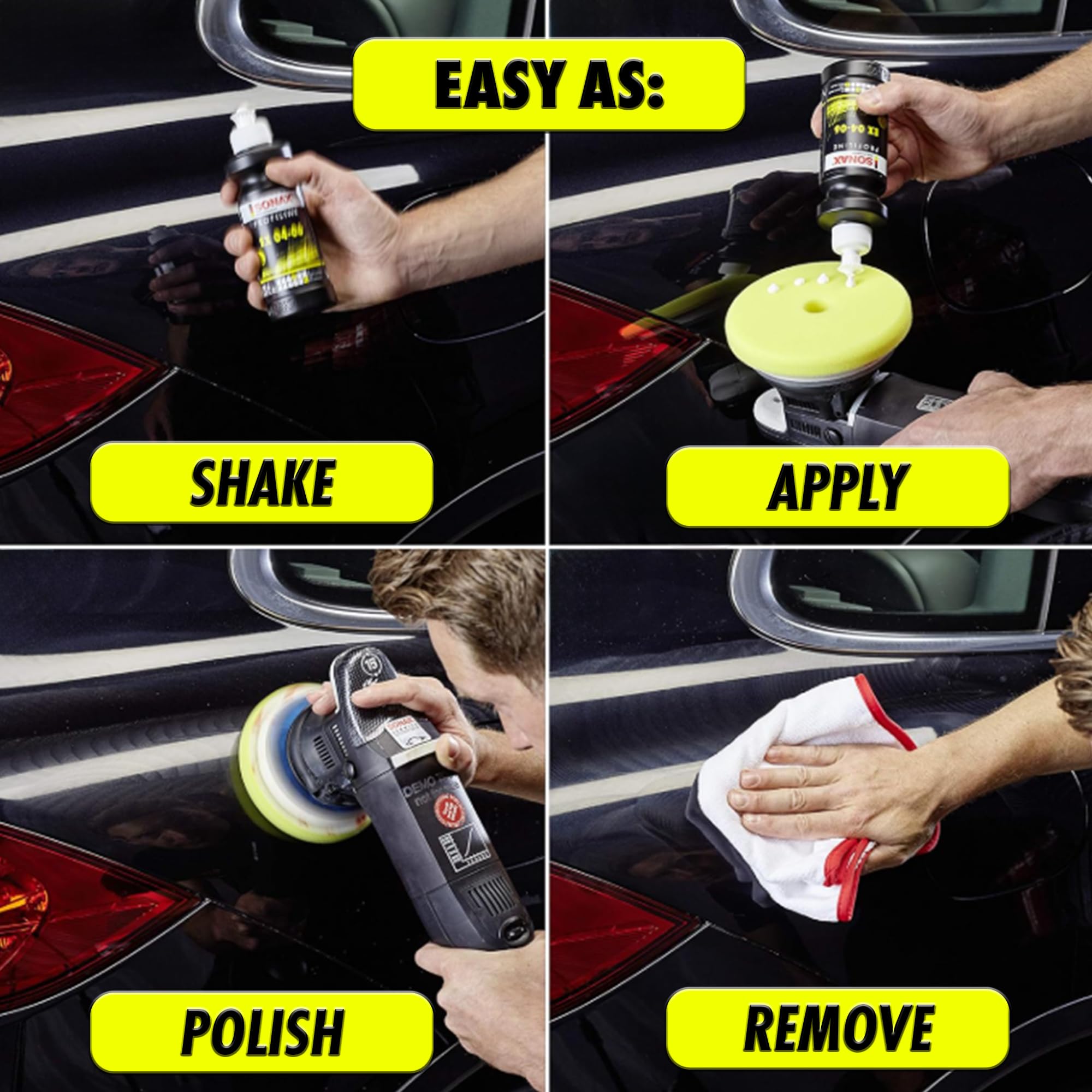 SONAX before and after panel showing swirl removal and restored gloss