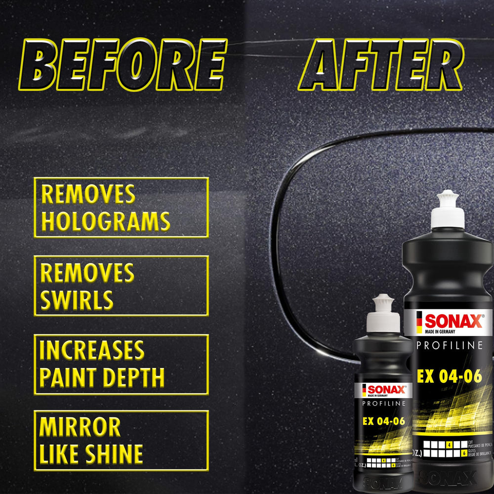 SONAX used with a DA polisher on a car door demonstrating fast defect removal
