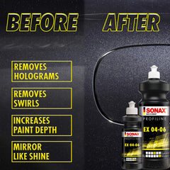 SONAX used with a DA polisher on a car door demonstrating fast defect removal