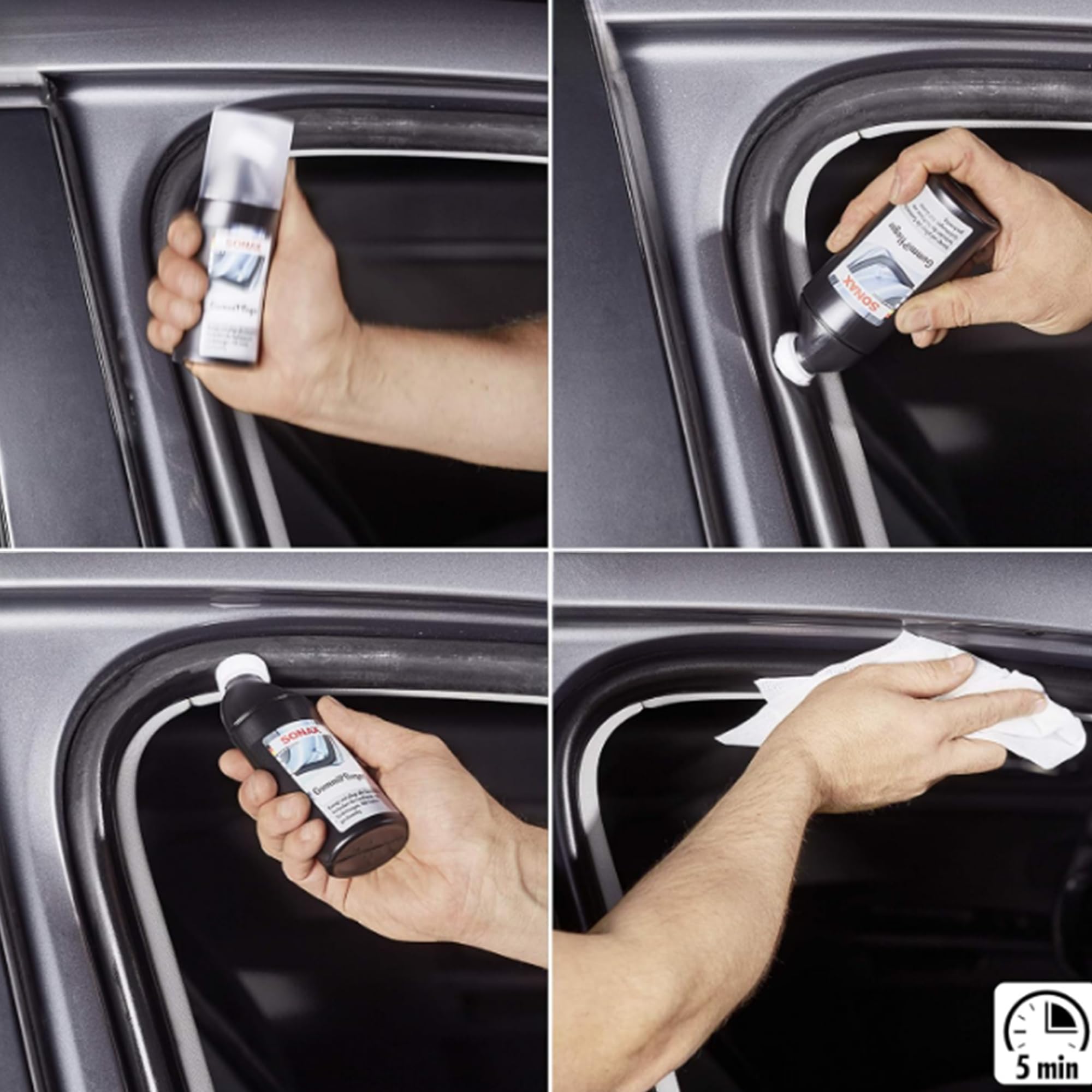 SONAX bottle beside glovebox items demonstrating compact, portable benefit