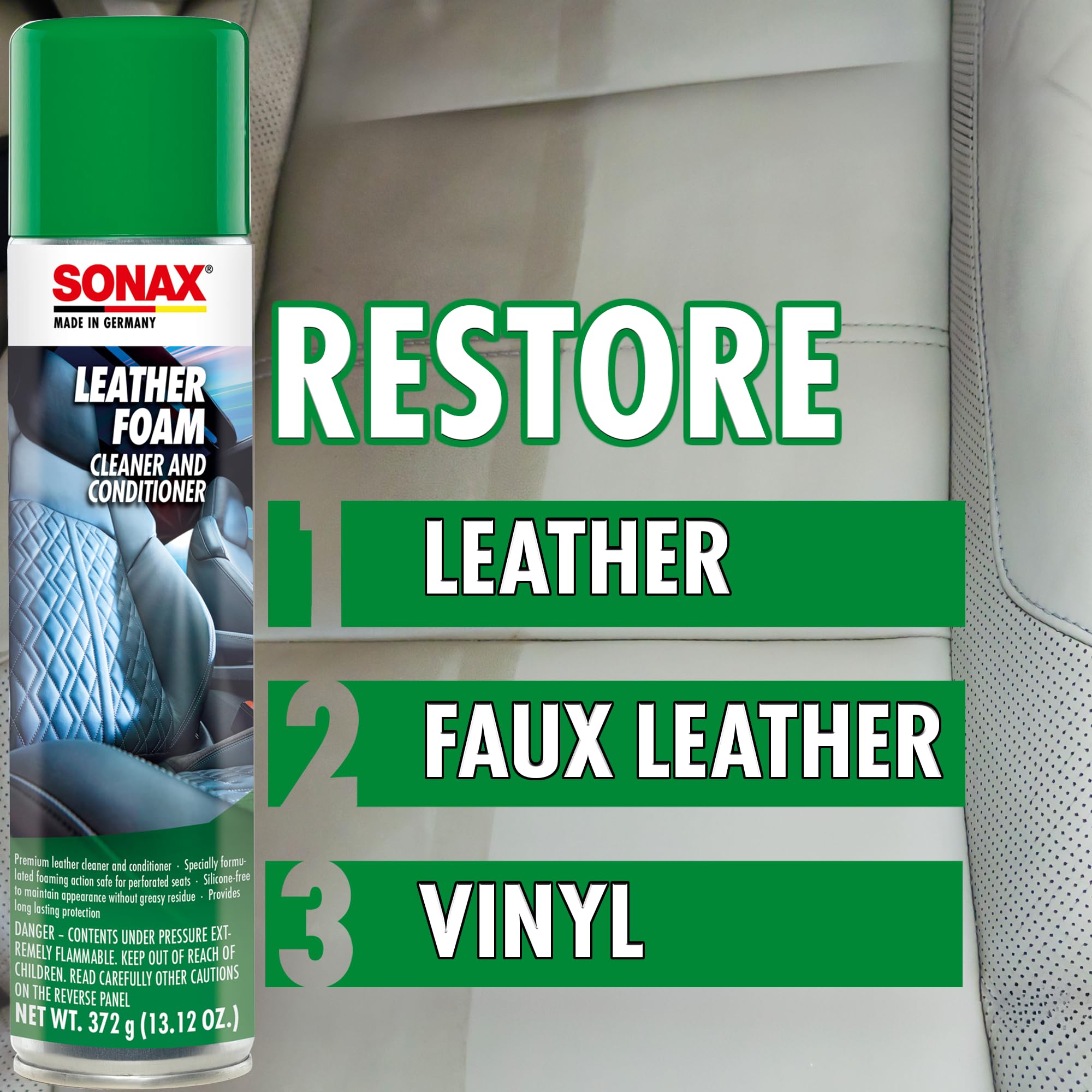 SONAX being applied to leather seat showing even coverage benefit