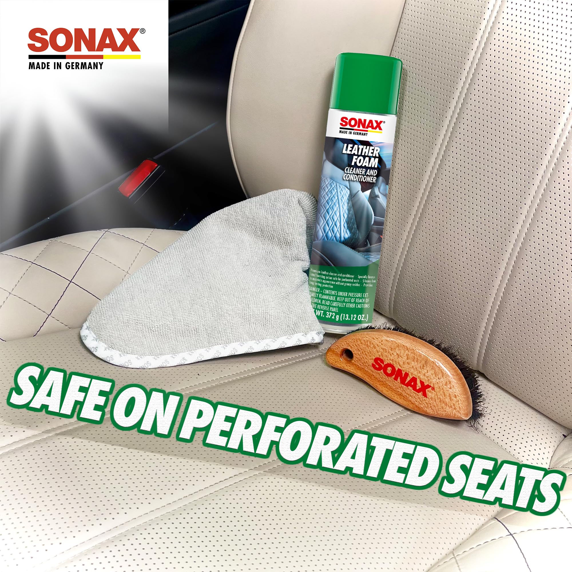 SONAX on perforated leather seat preventing soak-through and damage