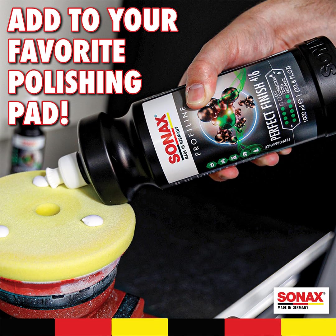 Detailer using SONAX on a vehicle in workshop highlighting professional results