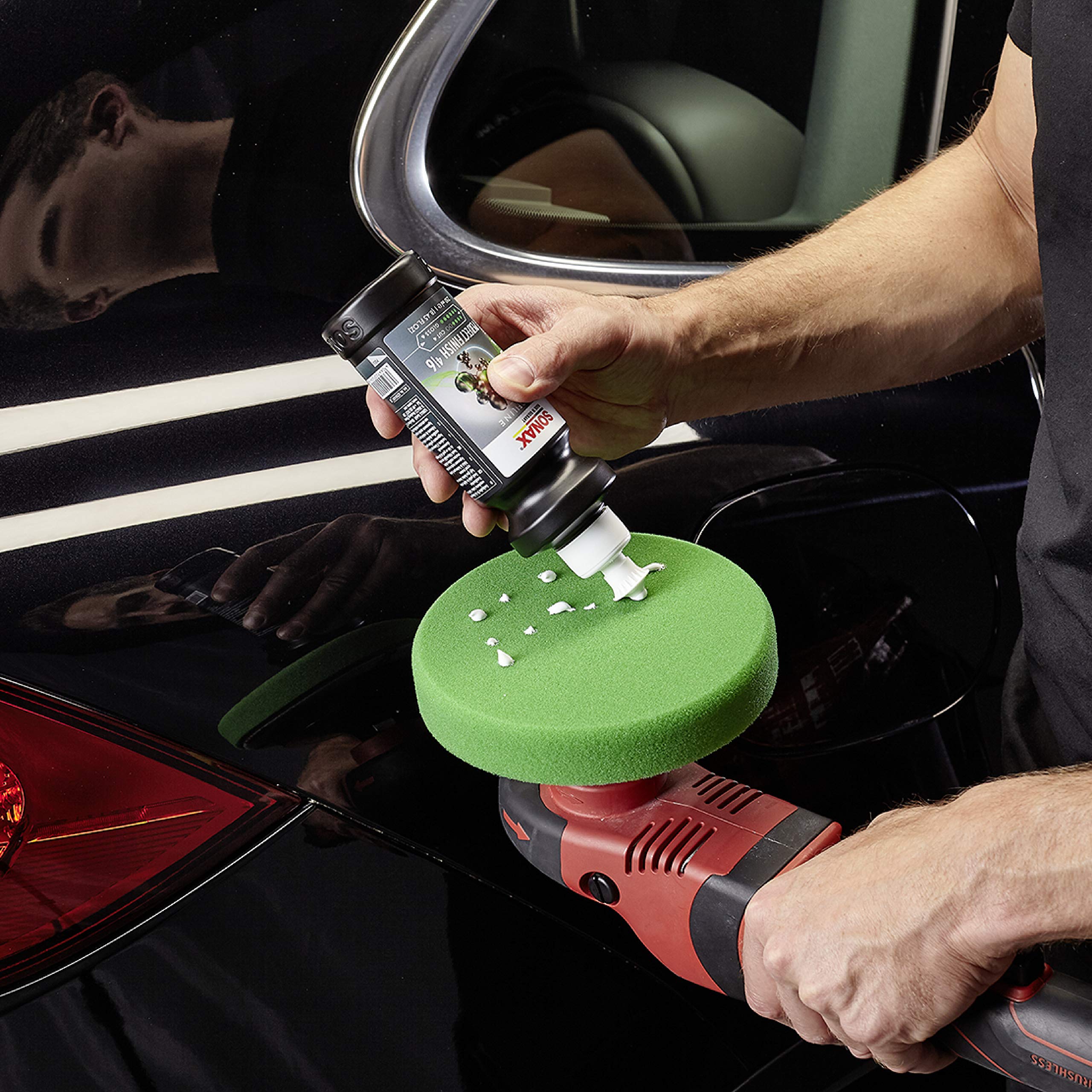 SONAX being used with polisher on car hood demonstrating fast correction