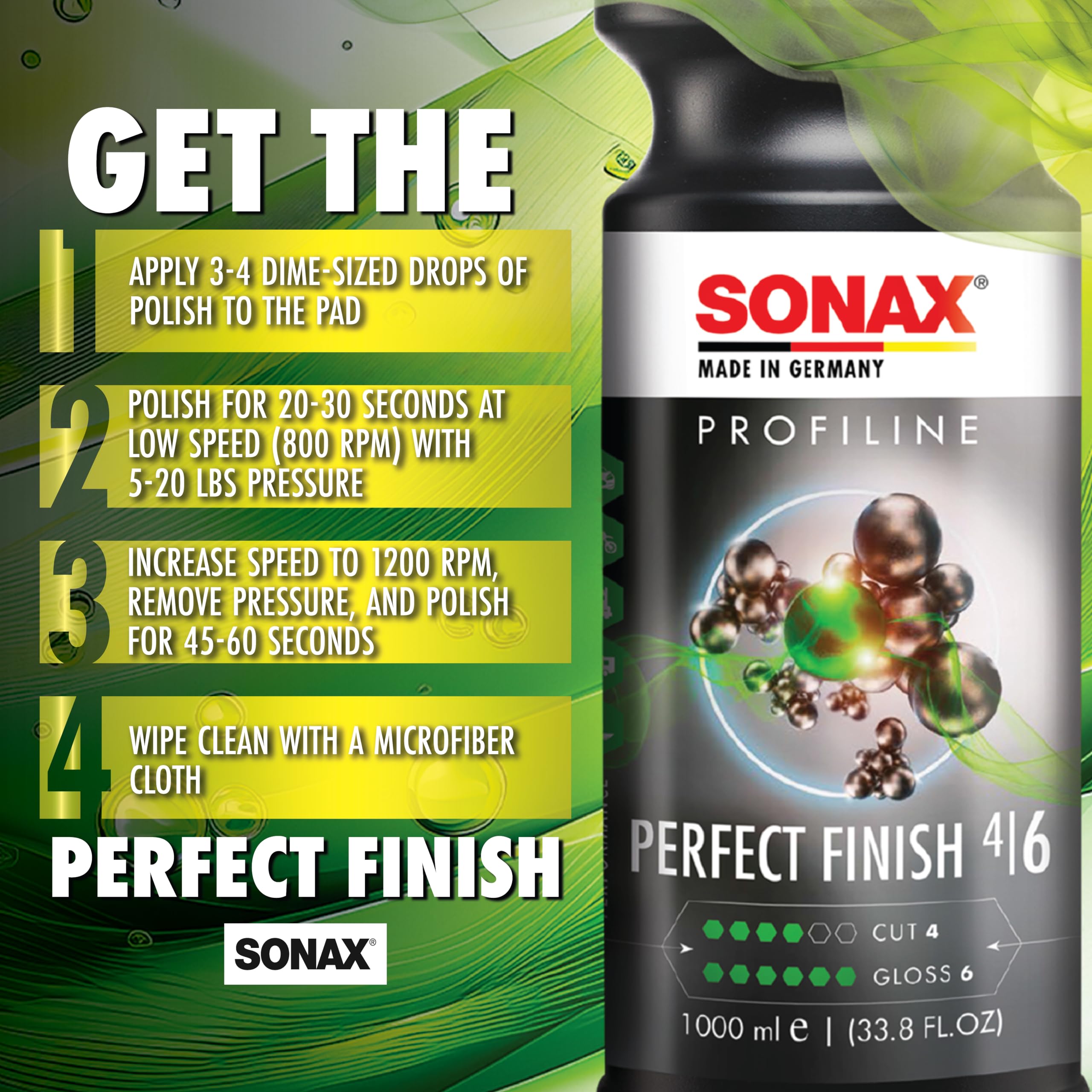SONAX 1 liter bottle beside polish pad for scale and professional-sized value